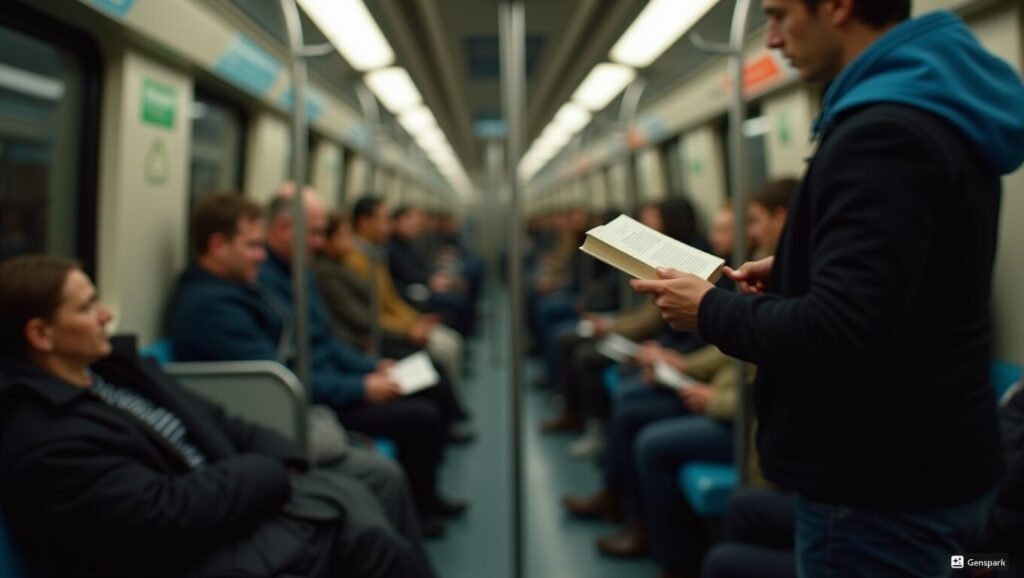 電車で読書している人