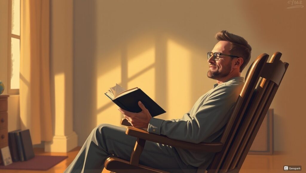 ロッキングチェアでリラックスしながら本を読む男性、ブックカバー付き、カジュアルな服装