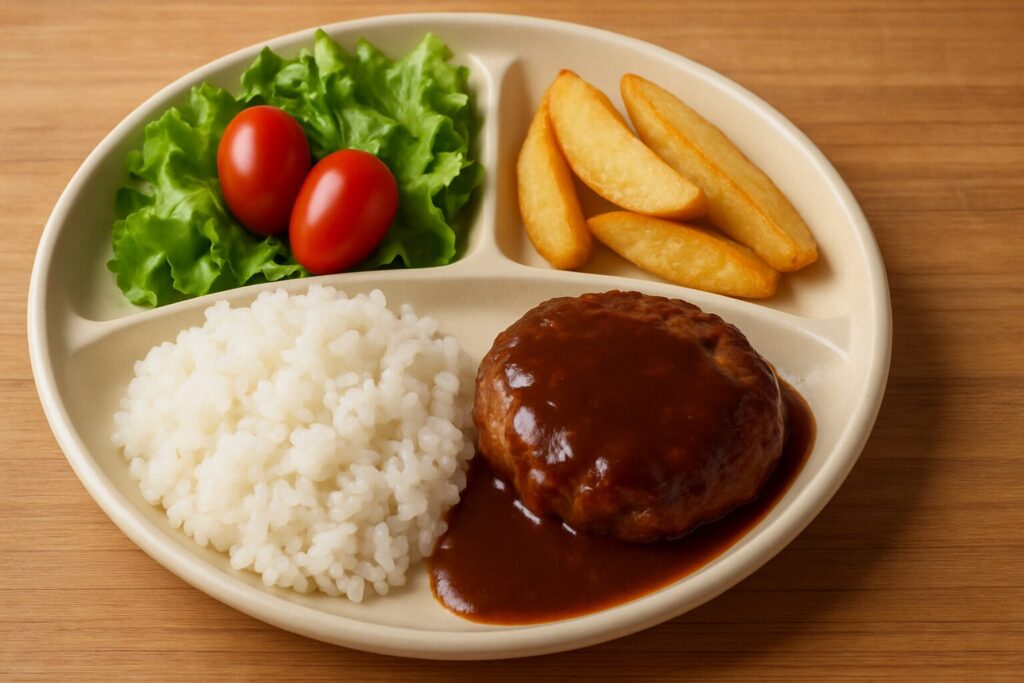 仕切り付きのワンプレートに盛られた簡単だけど美味しそうな料理