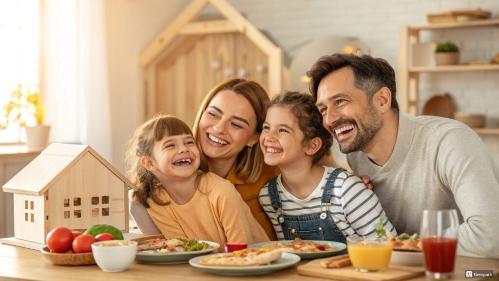 外食を我慢し、住宅ローン繰上げに取り組む幸せな家族のポートレート
