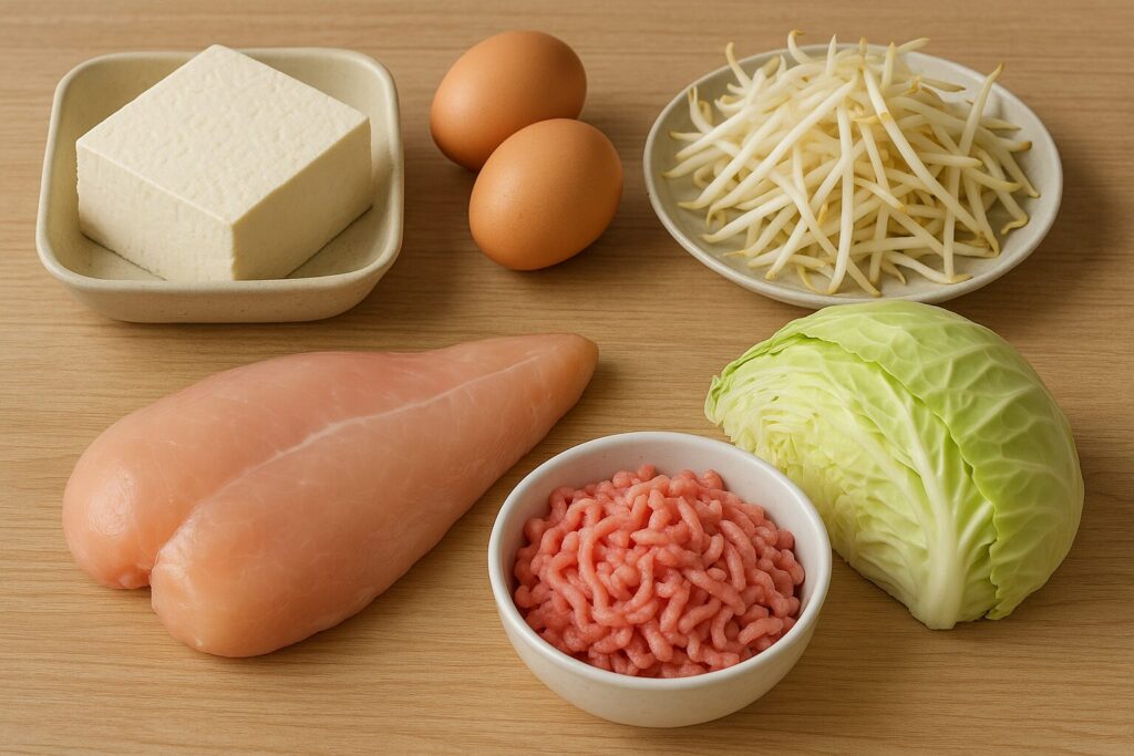 豆腐、卵、鶏むね肉、もやし、キャベツ、ひき肉