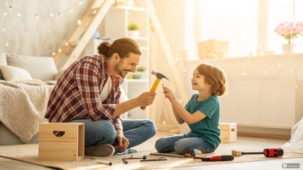 リビングでDIYプロジェクトを楽しむ親子、子供が簡単なツールを使って成功を体験する、家庭の温かみが伝わる場面、明るい色調の部屋