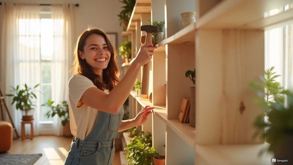 DIY初心者の女性がリビングで棚を取り付けているワークシーン、笑顔でハンマーを使用